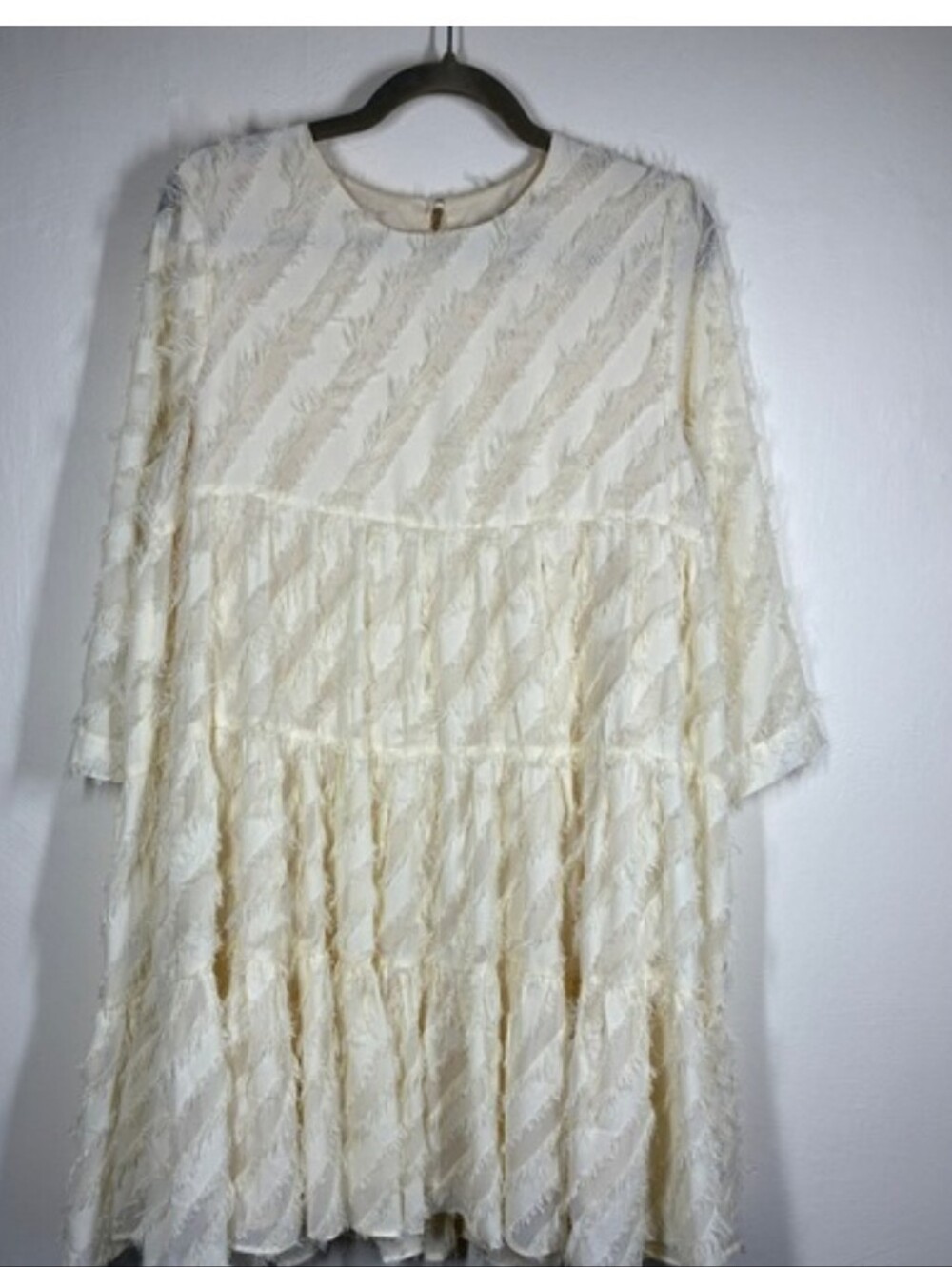 Anthropologie En Saison Cream Fringe Babydoll Dress Medium Sheer Overlay Flowy